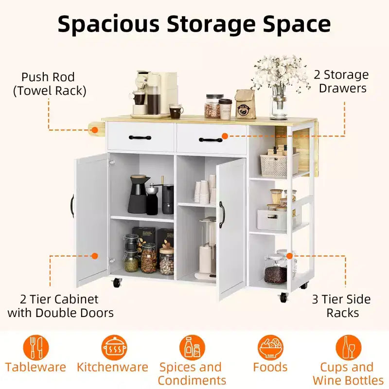 Rolling Kitchen Island Cart with Drop-Leaf Table and Storage