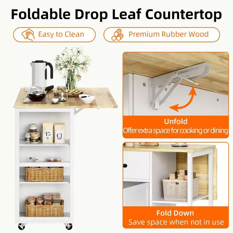 Rolling Kitchen Island Cart with Drop-Leaf Table and Storage