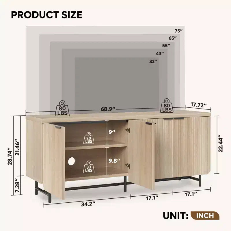 70 Inch 4-Door TV Stand for TVs up to 75", Media Console with Storage Cabinets and Adjustable Shelves