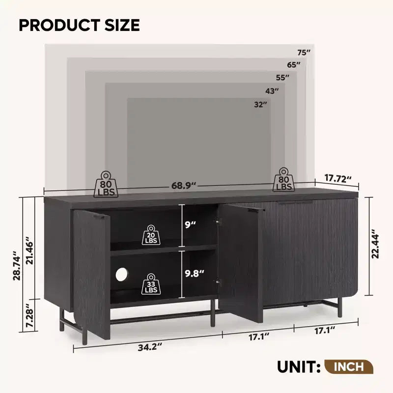 70 Inch 4-Door TV Stand for TVs up to 75", Media Console with Storage Cabinets and Adjustable Shelves
