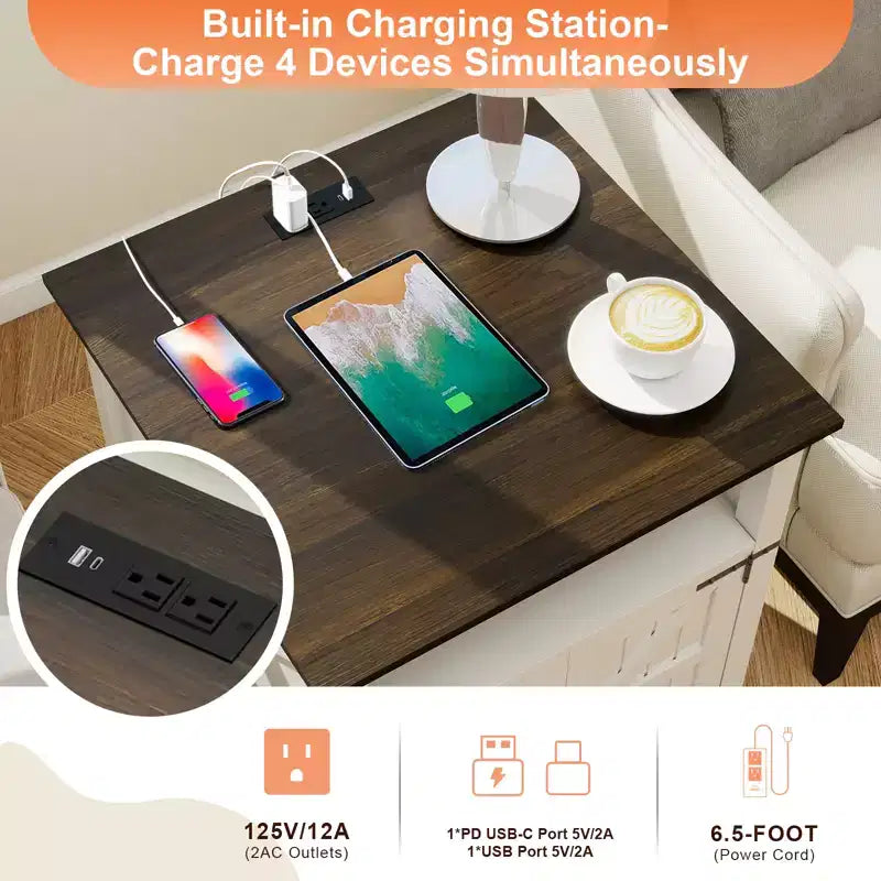 End Table with Charging Station – 24 Inch Side Table with Storage Cabinet and Open Shelf