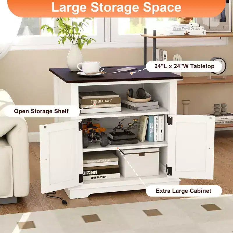 End Table with Charging Station – 24 Inch Side Table with Storage Cabinet and Open Shelf