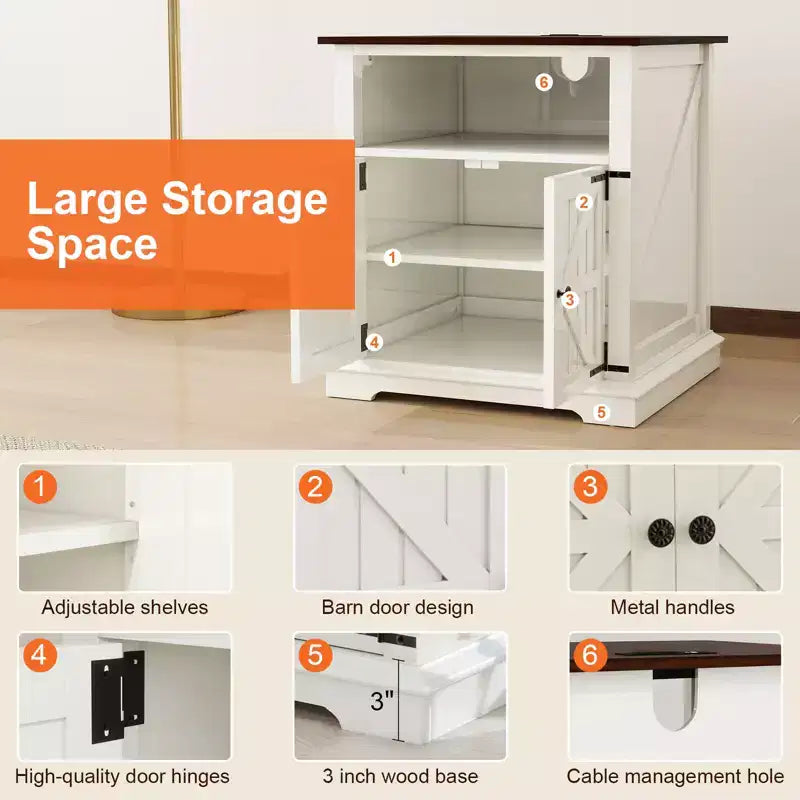 End Table with Charging Station – 24 Inch Side Table with Storage Cabinet and Open Shelf