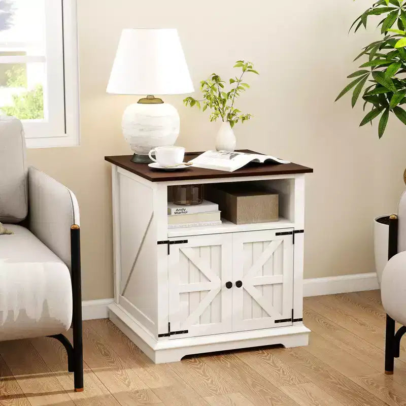 End Table with Charging Station – 24 Inch Side Table with Storage Cabinet and Open Shelf