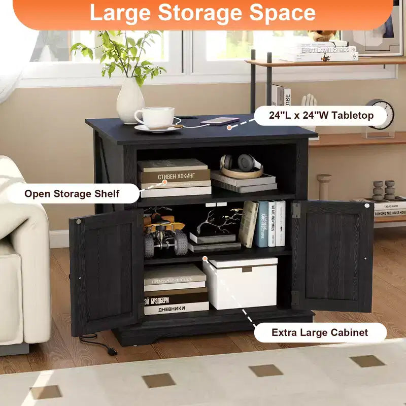 End Table with Charging Station – 24 Inch Side Table with Storage Cabinet and Open Shelf