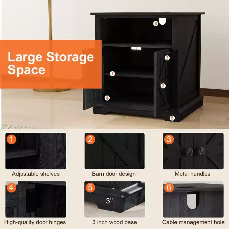 End Table with Charging Station – 24 Inch Side Table with Storage Cabinet and Open Shelf