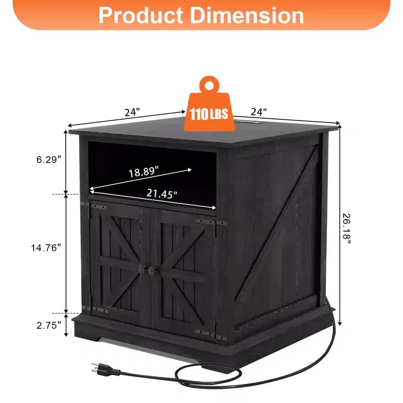End Table with Charging Station – 24 Inch Side Table with Storage Cabinet and Open Shelf