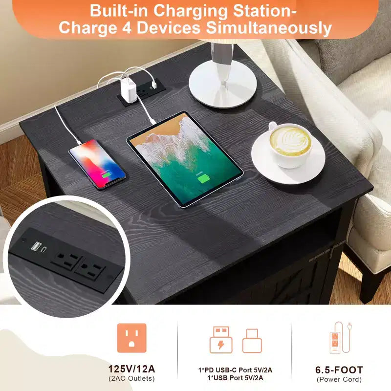 End Table with Charging Station – 24 Inch Side Table with Storage Cabinet and Open Shelf