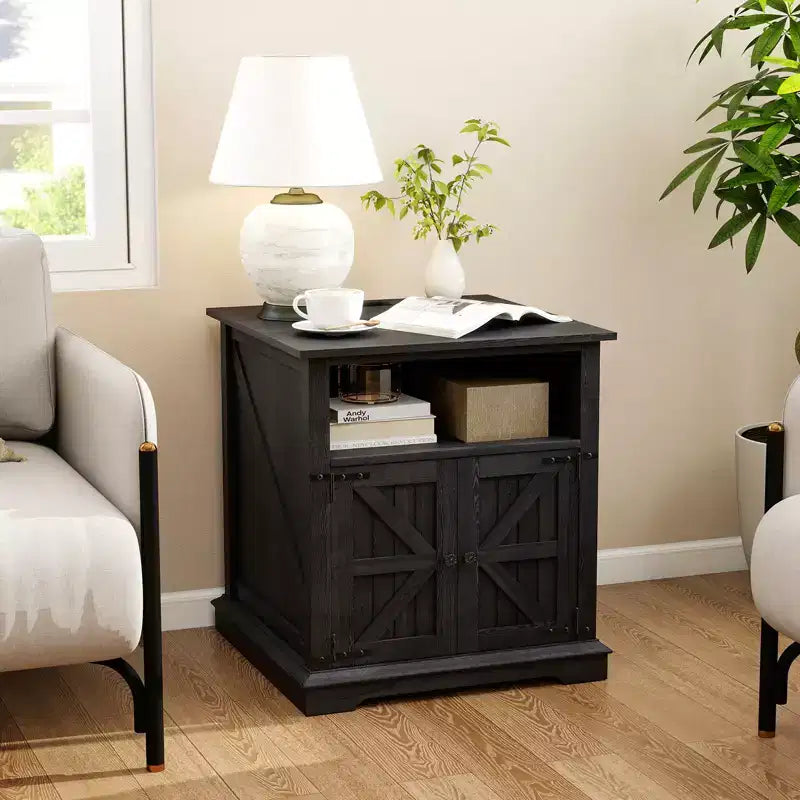 End Table with Charging Station – 24 Inch Side Table with Storage Cabinet and Open Shelf
