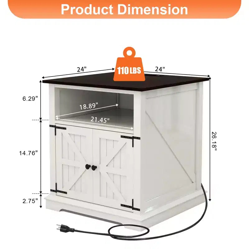 End Table with Charging Station – 24 Inch Side Table with Storage Cabinet and Open Shelf