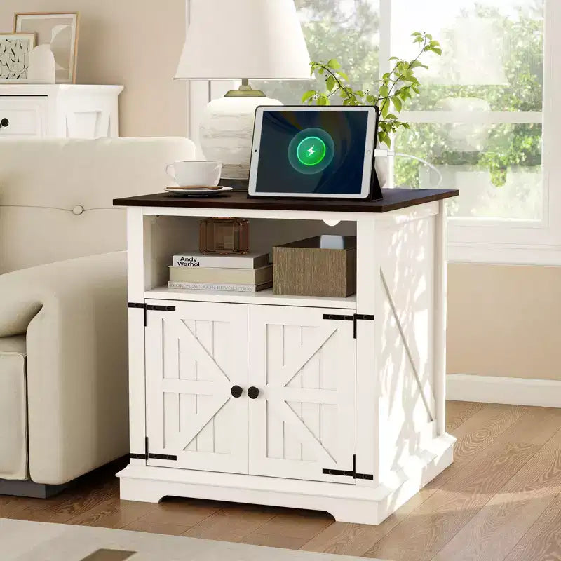 End Table with Charging Station – 24 Inch Side Table with Storage Cabinet and Open Shelf