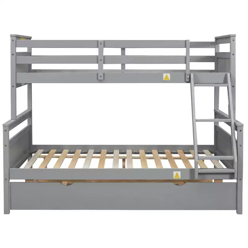 Twin over Full Bunk Bed with Staircase and Twin Trundle, Solid Wood Frame, Safety Guardrails, Gray