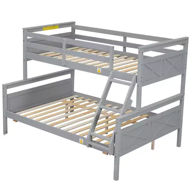 Twin over Full Bunk Bed with Staircase and Twin Trundle, Solid Wood Frame, Safety Guardrails, Gray