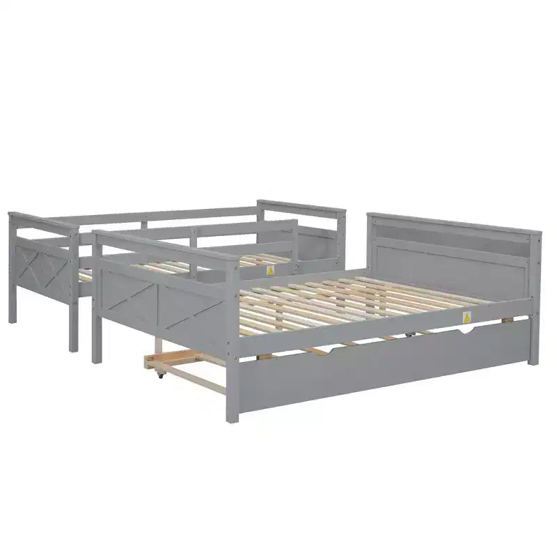Twin over Full Bunk Bed with Staircase and Twin Trundle, Solid Wood Frame, Safety Guardrails, Gray