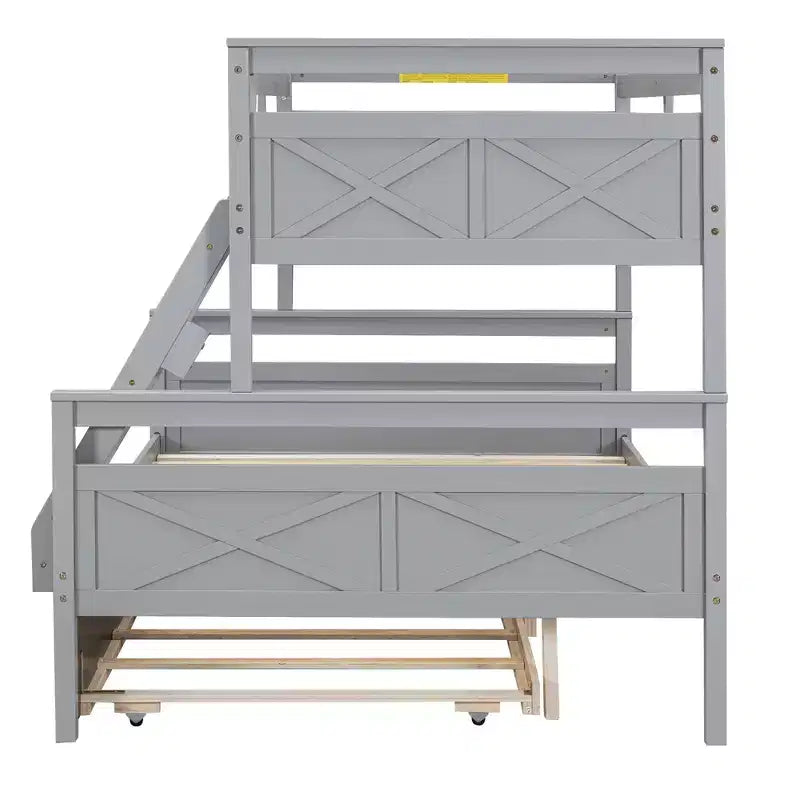 Twin over Full Bunk Bed with Staircase and Twin Trundle, Solid Wood Frame, Safety Guardrails, Gray