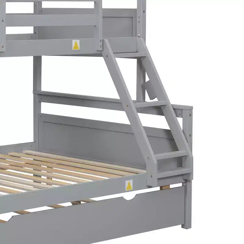 Twin over Full Bunk Bed with Staircase and Twin Trundle, Solid Wood Frame, Safety Guardrails, Gray
