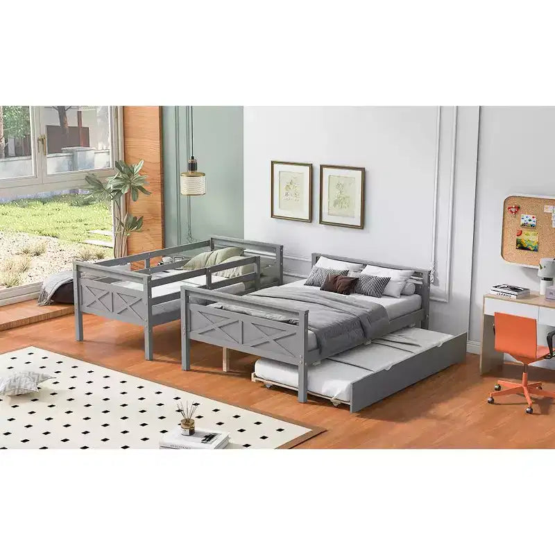 Twin over Full Bunk Bed with Staircase and Twin Trundle, Solid Wood Frame, Safety Guardrails, Gray