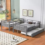 Letto a castello singolo sopra piazza e mezza con scaletta e letto estraibile singolo, struttura in legno massello, sponde di sicurezza, grigio