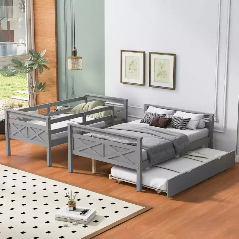 Twin over Full Bunk Bed with Staircase and Twin Trundle, Solid Wood Frame, Safety Guardrails, Gray