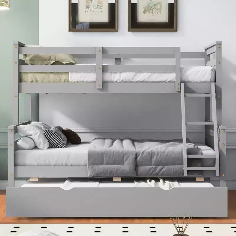 Twin over Full Bunk Bed with Staircase and Twin Trundle, Solid Wood Frame, Safety Guardrails, Gray
