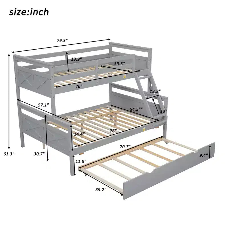 Twin over Full Bunk Bed with Staircase and Twin Trundle, Solid Wood Frame, Safety Guardrails, Gray