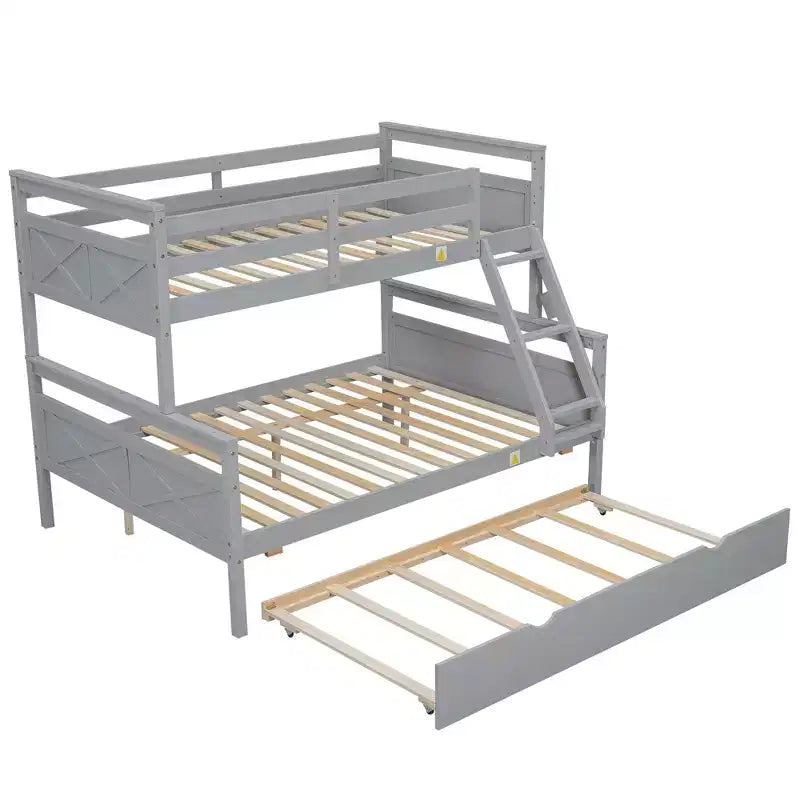 Twin over Full Bunk Bed with Staircase and Twin Trundle, Solid Wood Frame, Safety Guardrails, Gray