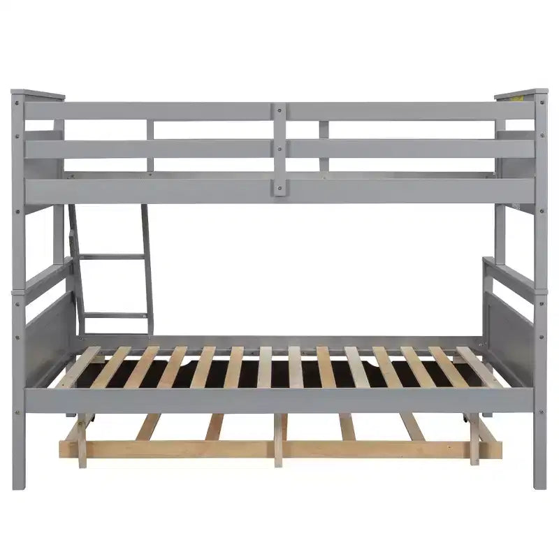 Twin over Full Bunk Bed with Staircase and Twin Trundle, Solid Wood Frame, Safety Guardrails, Gray
