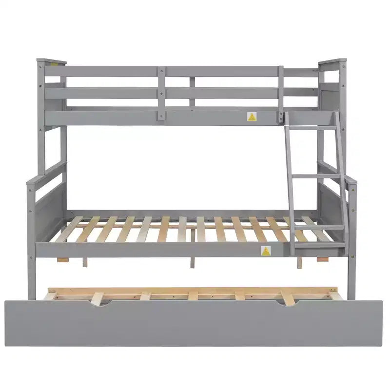 Twin over Full Bunk Bed with Staircase and Twin Trundle, Solid Wood Frame, Safety Guardrails, Gray