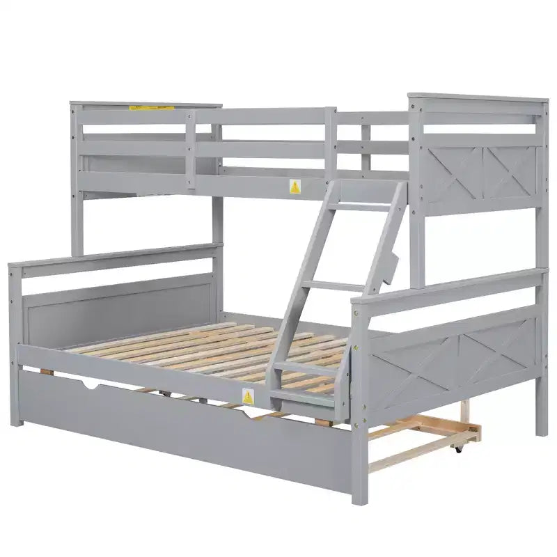 Twin over Full Bunk Bed with Staircase and Twin Trundle, Solid Wood Frame, Safety Guardrails, Gray