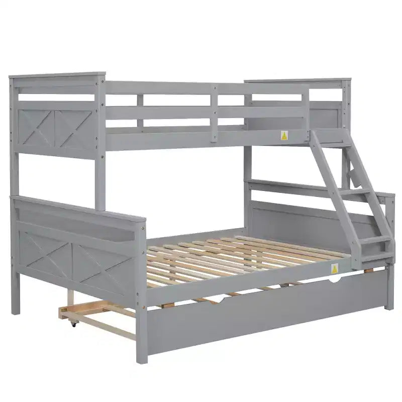 Twin over Full Bunk Bed with Staircase and Twin Trundle, Solid Wood Frame, Safety Guardrails, Gray