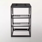 Armadio rack di rete a telaio aperto 16U, profondità 23 pollici, montaggio a parete o a pavimento, a 4 montanti per carichi pesanti con ripiani ventilati, nero