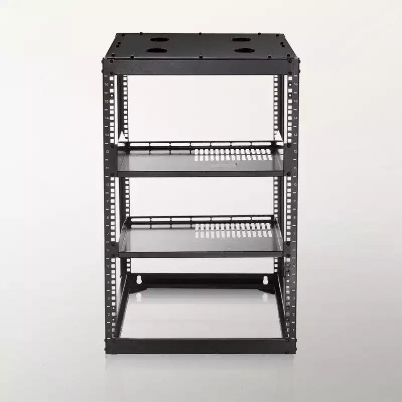 16U Open Frame Network Rack, 23 in Depth, Wall Mounted or Floor Standing, Heavy Duty 4-Post with Vented Shelves, Black
