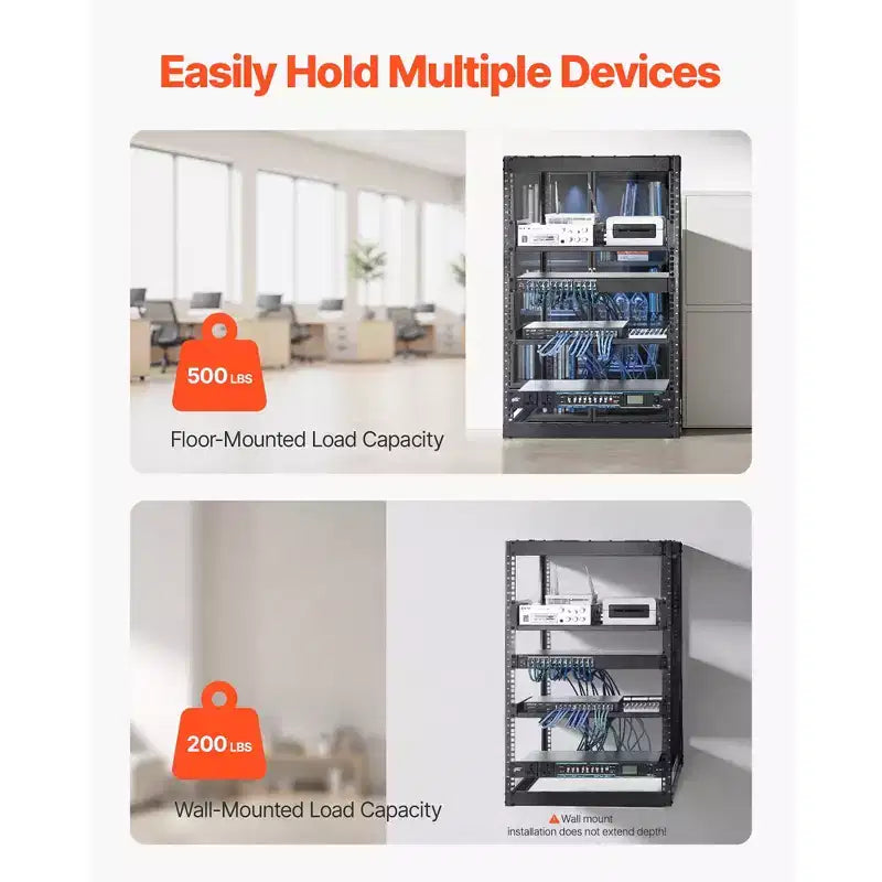 16U Open Frame Network Rack, 23 in Depth, Wall Mounted or Floor Standing, Heavy Duty 4-Post with Vented Shelves, Black