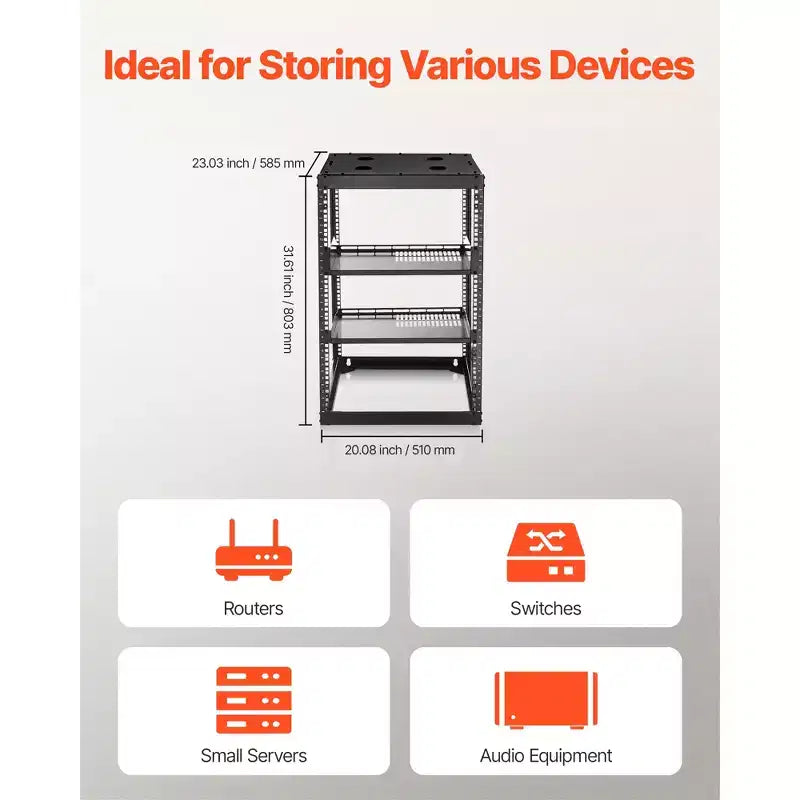 16U Open Frame Network Rack, 23 in Depth, Wall Mounted or Floor Standing, Heavy Duty 4-Post with Vented Shelves, Black