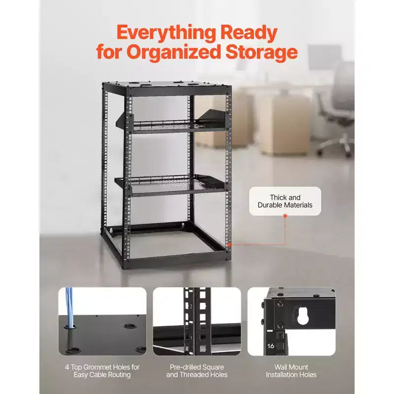 16U Open Frame Network Rack, 23 in Depth, Wall Mounted or Floor Standing, Heavy Duty 4-Post with Vented Shelves, Black