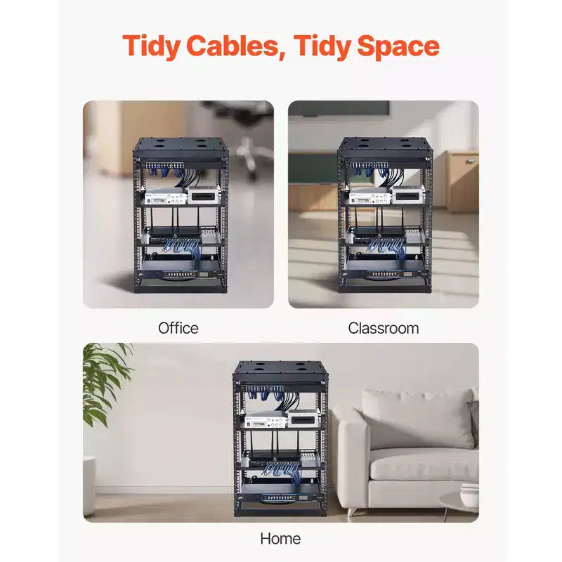16U Open Frame Network Rack, 23 in Depth, Wall Mounted or Floor Standing, Heavy Duty 4-Post with Vented Shelves, Black