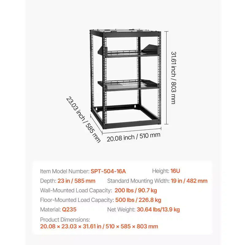 16U Open Frame Network Rack, 23 in Depth, Wall Mounted or Floor Standing, Heavy Duty 4-Post with Vented Shelves, Black