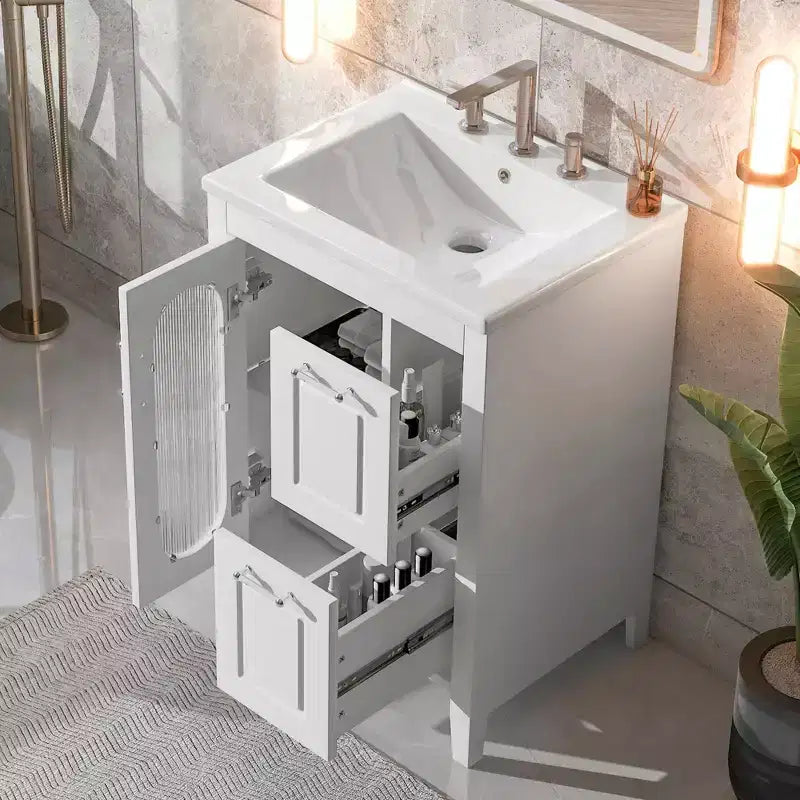24 Inch Freestanding Bathroom Vanity with Sink, 2 Drawers, 1 Door Cabinet, Adjustable Shelf