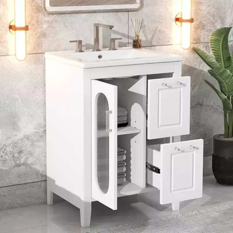 24 Inch Freestanding Bathroom Vanity with Sink, 2 Drawers, 1 Door Cabinet, Adjustable Shelf