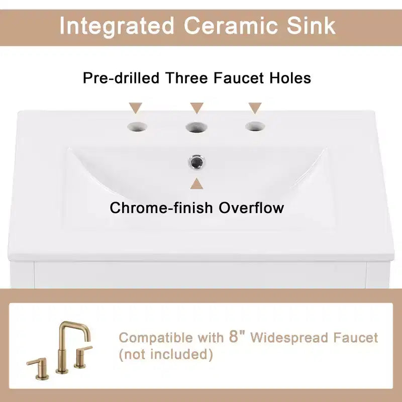 24 Inch Freestanding Bathroom Vanity with Sink, 2 Drawers, 1 Door Cabinet, Adjustable Shelf