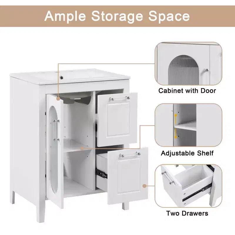 24 Inch Freestanding Bathroom Vanity with Sink, 2 Drawers, 1 Door Cabinet, Adjustable Shelf