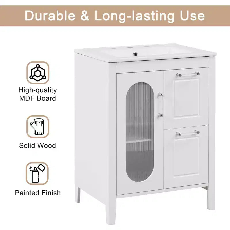24 Inch Freestanding Bathroom Vanity with Sink, 2 Drawers, 1 Door Cabinet, Adjustable Shelf