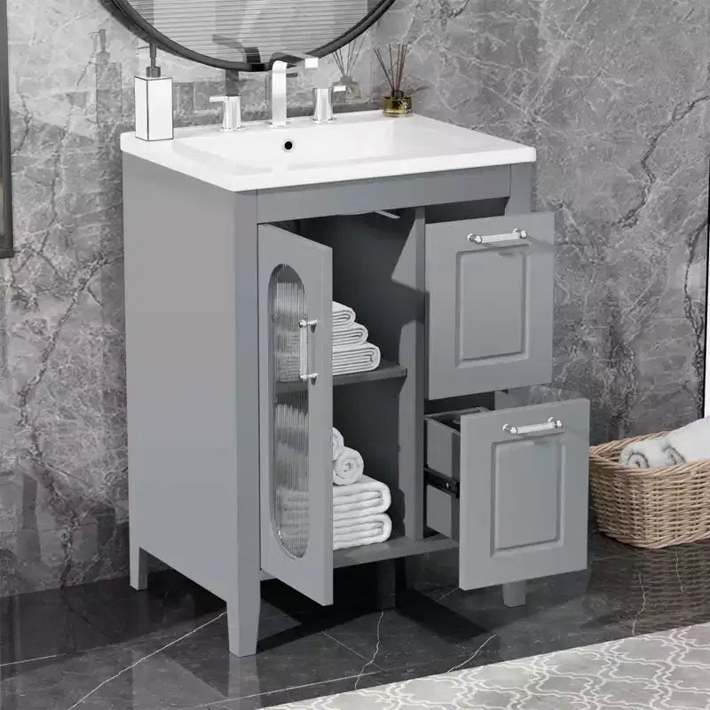 24 Inch Freestanding Bathroom Vanity with Sink, 2 Drawers, 1 Door Cabinet, Adjustable Shelf