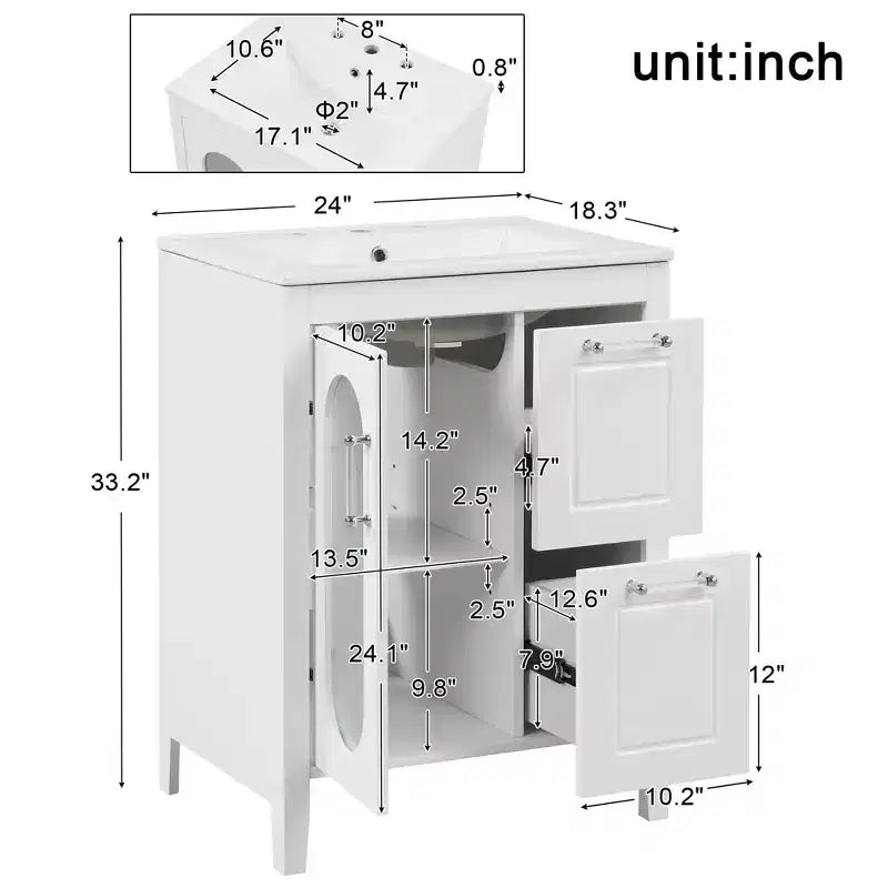 24 Inch Freestanding Bathroom Vanity with Sink, 2 Drawers, 1 Door Cabinet, Adjustable Shelf