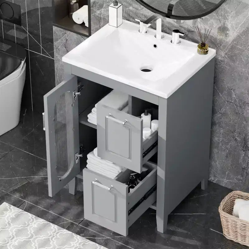 24 Inch Freestanding Bathroom Vanity with Sink, 2 Drawers, 1 Door Cabinet, Adjustable Shelf