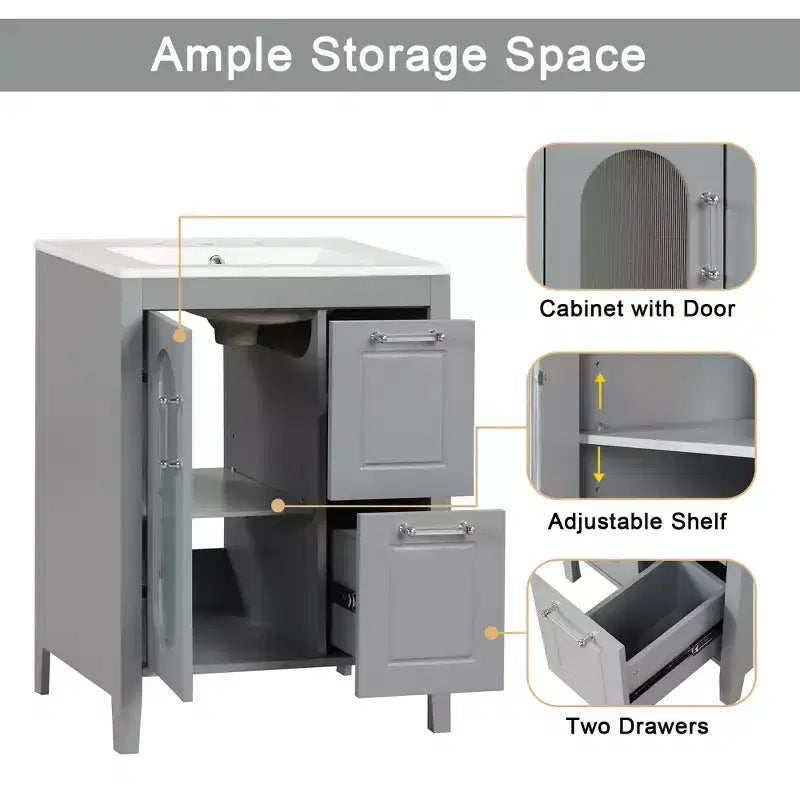24 Inch Freestanding Bathroom Vanity with Sink, 2 Drawers, 1 Door Cabinet, Adjustable Shelf