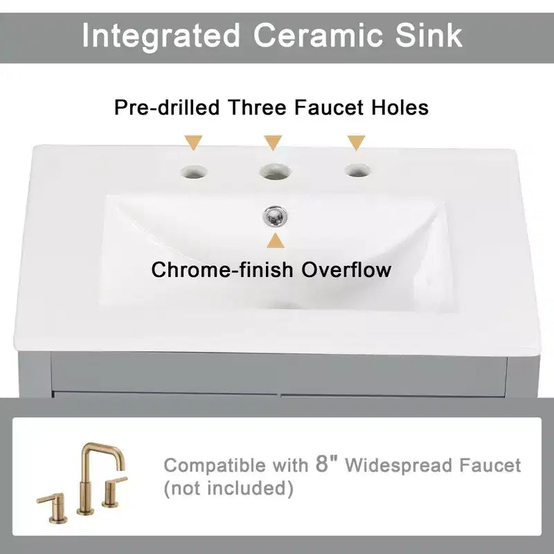 24 Inch Freestanding Bathroom Vanity with Sink, 2 Drawers, 1 Door Cabinet, Adjustable Shelf