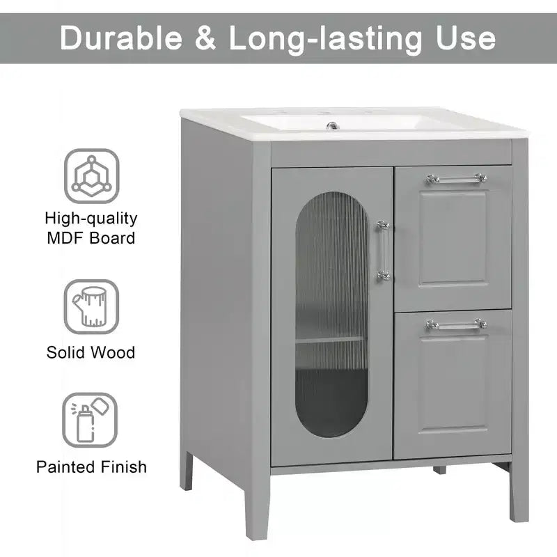 24 Inch Freestanding Bathroom Vanity with Sink, 2 Drawers, 1 Door Cabinet, Adjustable Shelf