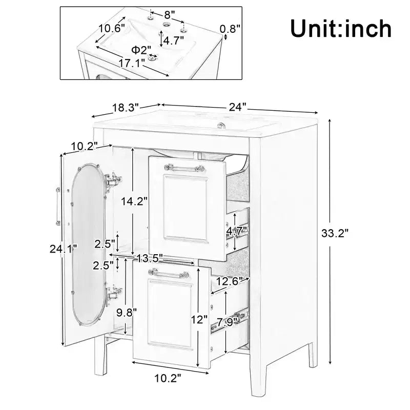 24 Inch Freestanding Bathroom Vanity with Sink, 2 Drawers, 1 Door Cabinet, Adjustable Shelf