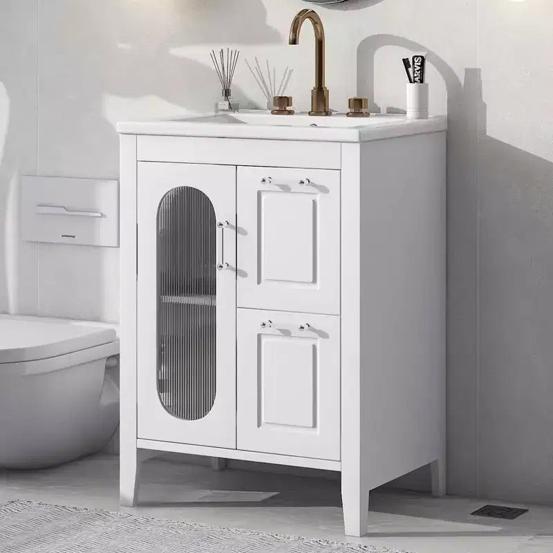 24 Inch Freestanding Bathroom Vanity with Sink, 2 Drawers, 1 Door Cabinet, Adjustable Shelf
